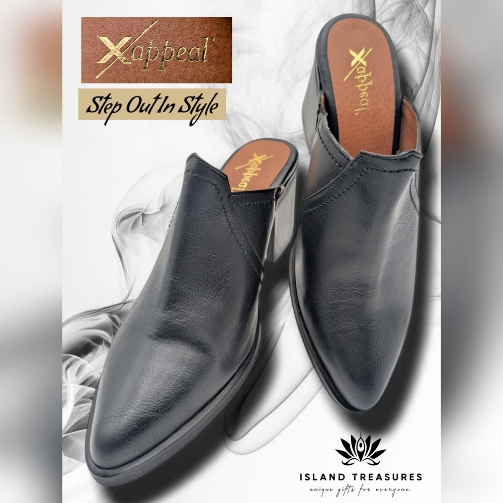 New XAppeal Frankie Modern Bootcut Block Heel Faux Leather Mules Sz 9M Black